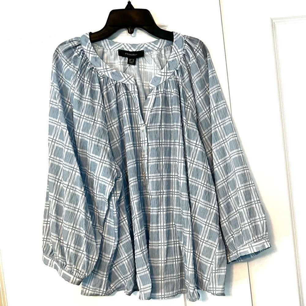 Primark light blue plaid print blouse